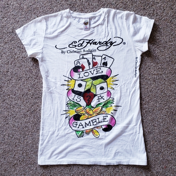 Ed Hardy Tops - Ed Hardy Love is a Gamble White Graphic Tee Medium
